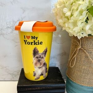 NWT Pocelain Travel Mug I Love My Yorkie 5.5" with silicone Lid Yellow w/ Orange
